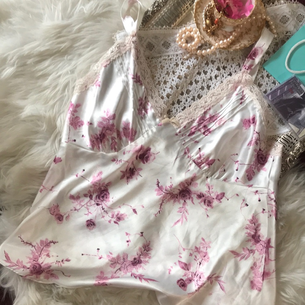 Vintage Y2k Floral Satin Camisole Lace Trim Pink Coquette Princess Tank Medium M